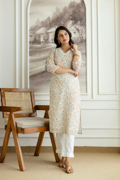 Ivory Cotton Jaal Print V-neck Kurta
