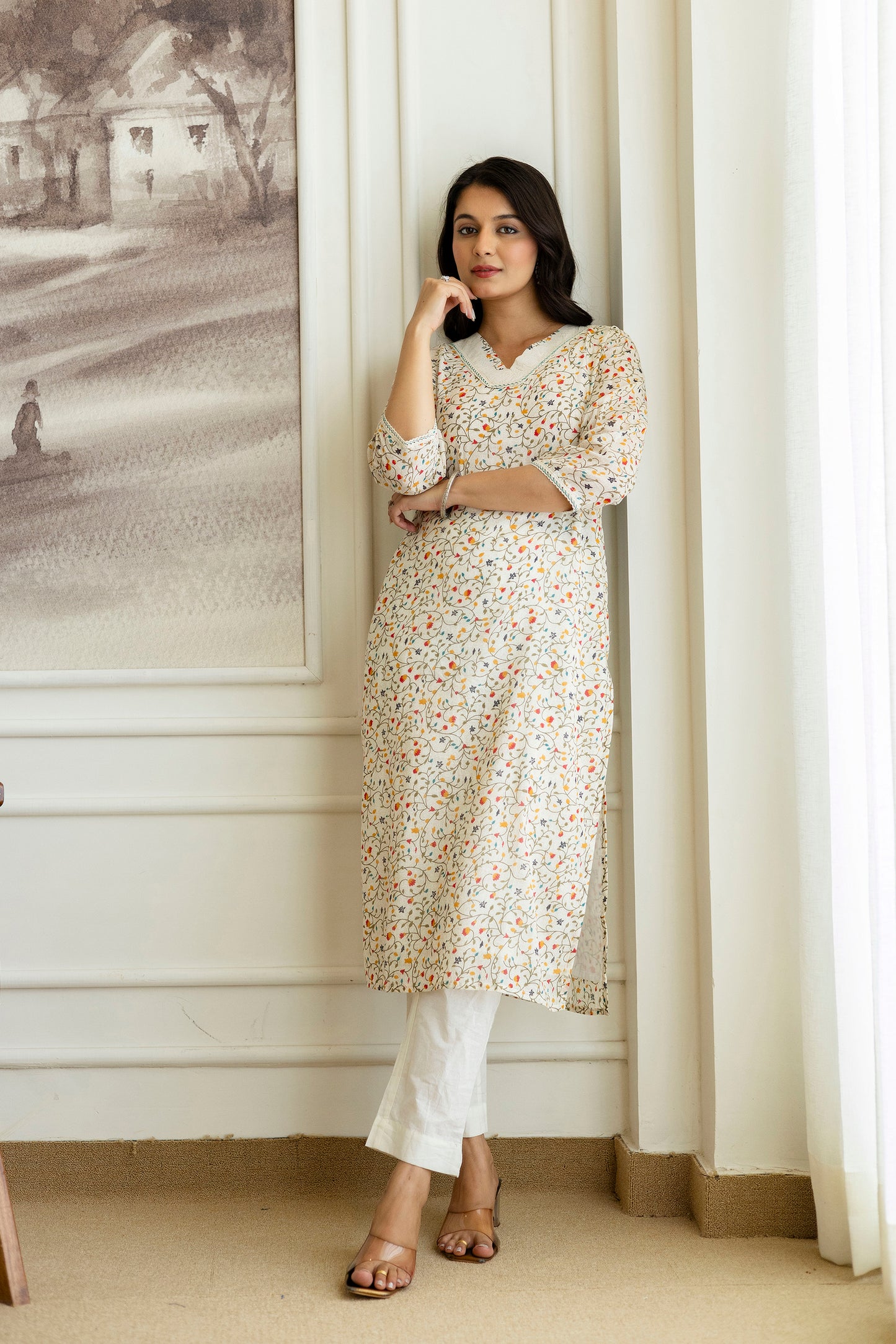 Ivory Cotton Jaal Print V-neck Kurta