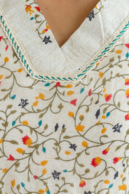 Ivory Cotton Jaal Print V-neck Kurta