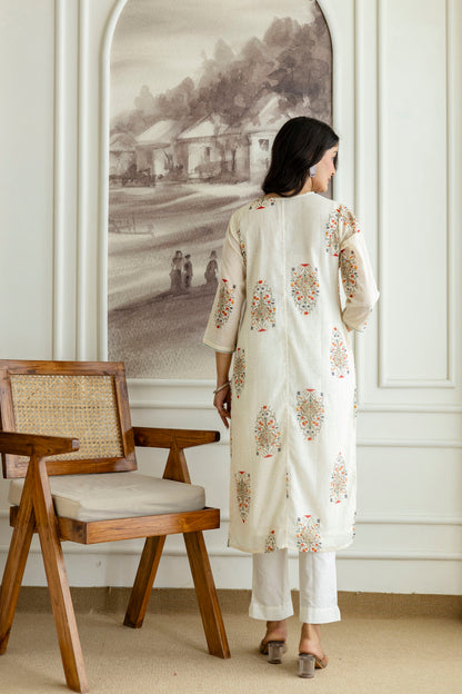 Ivory Cotton Boota Print V-neck Kurta