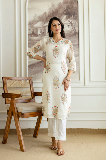 Ivory Cotton Boota Print V-neck Kurta