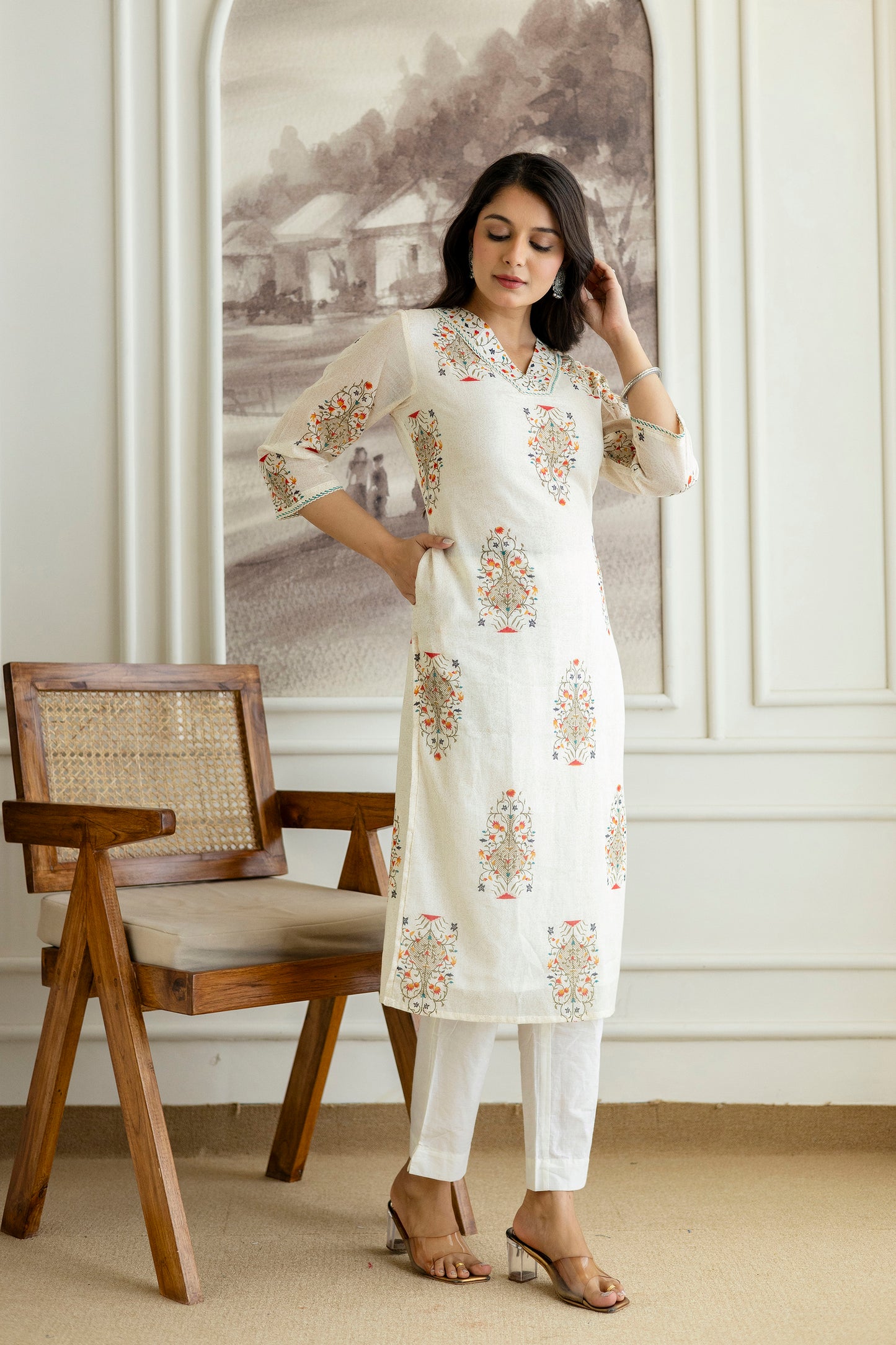 Ivory Cotton Boota Print V-neck Kurta