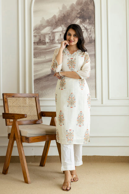 Ivory Cotton Boota Print V-neck Kurta