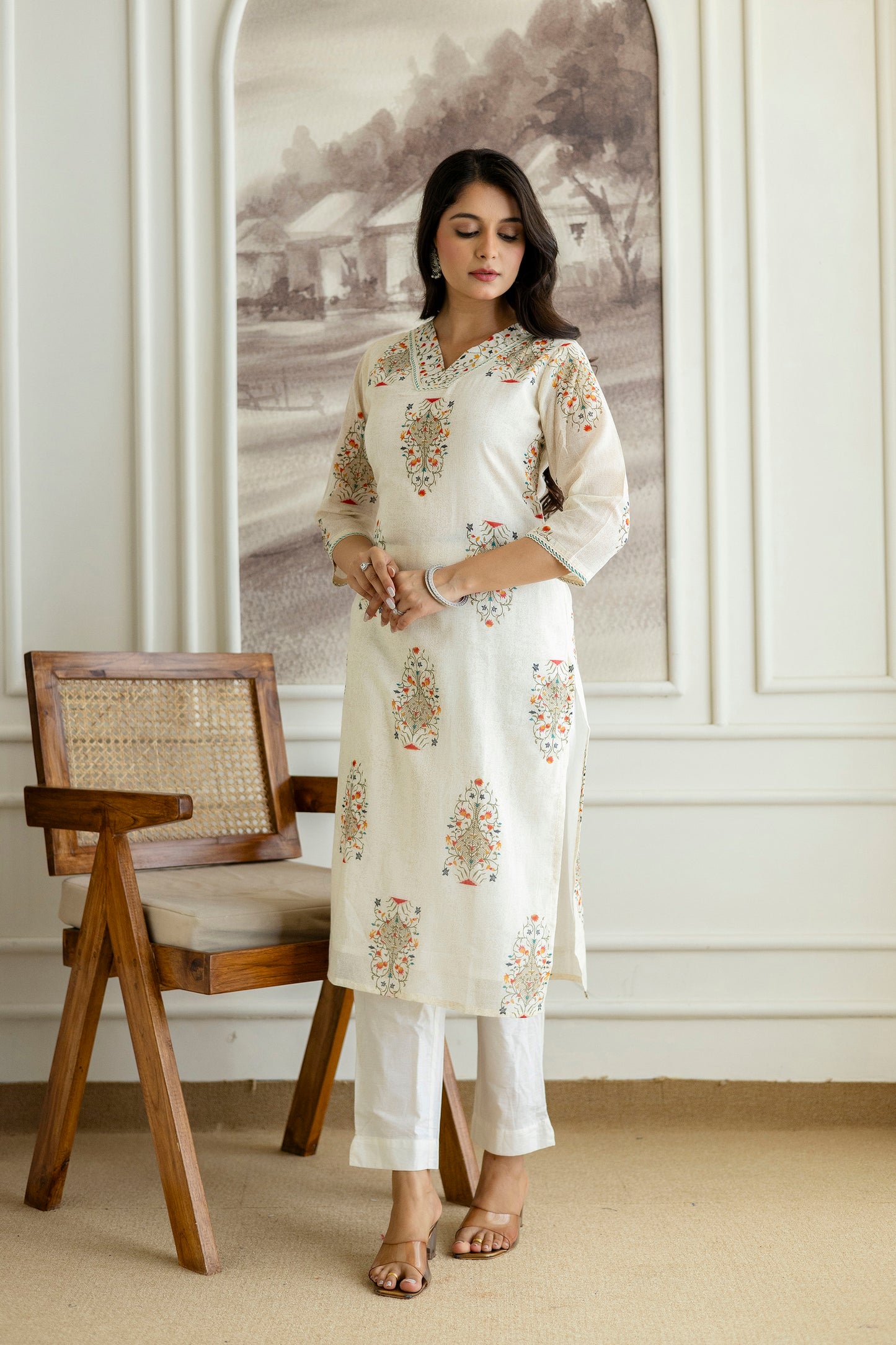 Ivory Cotton Boota Print V-neck Kurta