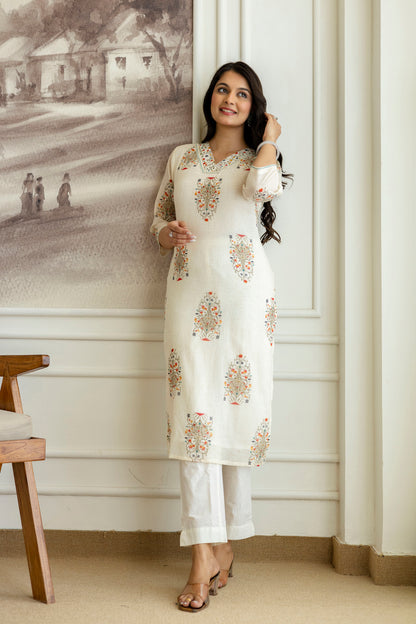 Ivory Cotton Boota Print V-neck Kurta