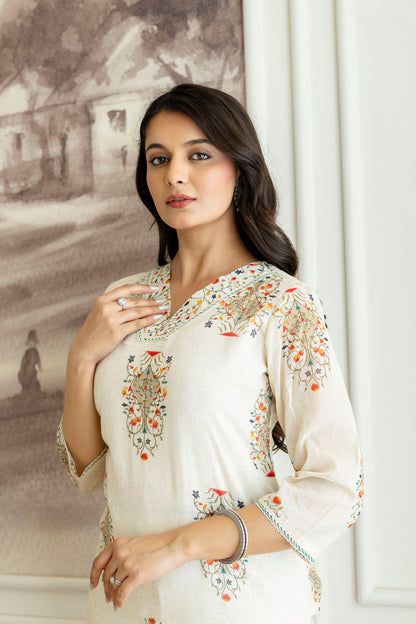 Ivory Cotton Boota Print V-neck Kurta