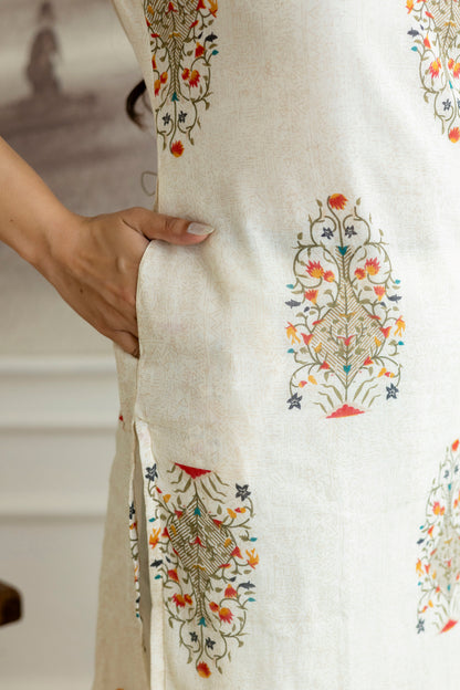Ivory Cotton Boota Print V-neck Kurta