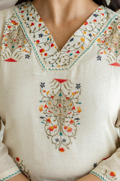 Ivory Cotton Boota Print V-neck Kurta