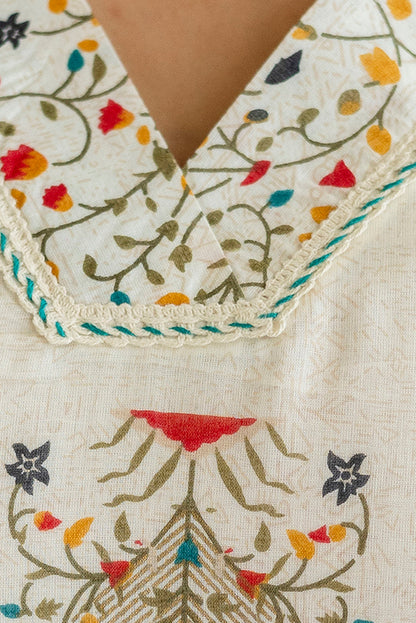 Ivory Cotton Boota Print V-neck Kurta