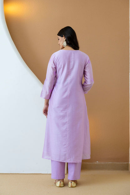 Lilac Embroidered Chanderi Kurta Pant Set
