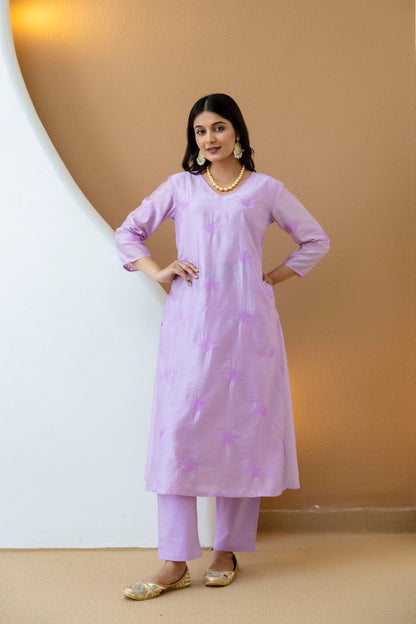 Lilac Embroidered Chanderi Kurta Pant Set