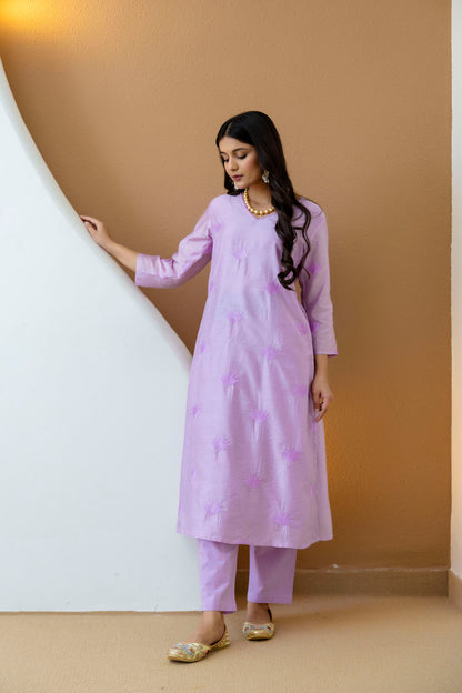 Lilac Embroidered Chanderi Kurta Pant Set