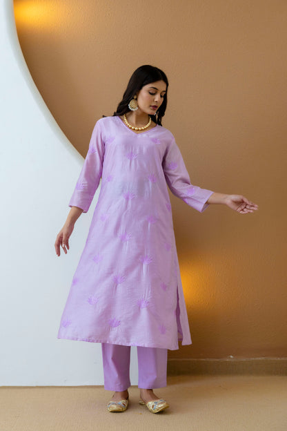 Lilac Embroidered Chanderi Kurta Pant Set
