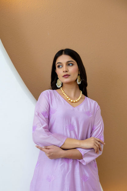 Lilac Embroidered Chanderi Kurta Pant Set
