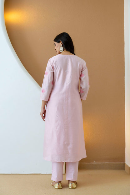 Pink Embroidered Chanderi Kurta Pant Set