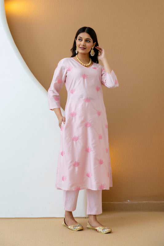 Pink Embroidered Chanderi Kurta Pant Set