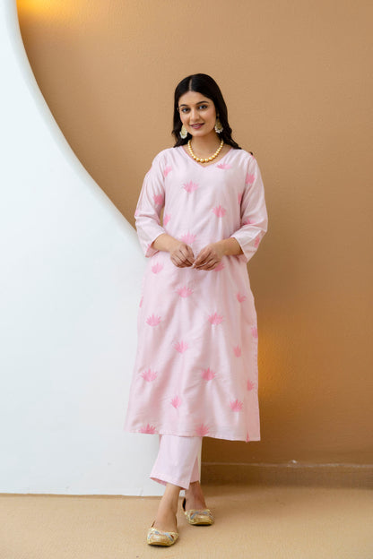 Pink Embroidered Chanderi Kurta Pant Set