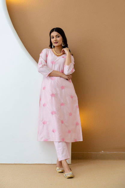 Pink Embroidered Chanderi Kurta Pant Set