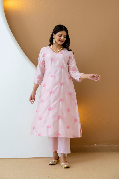 Pink Embroidered Chanderi Kurta Pant Set