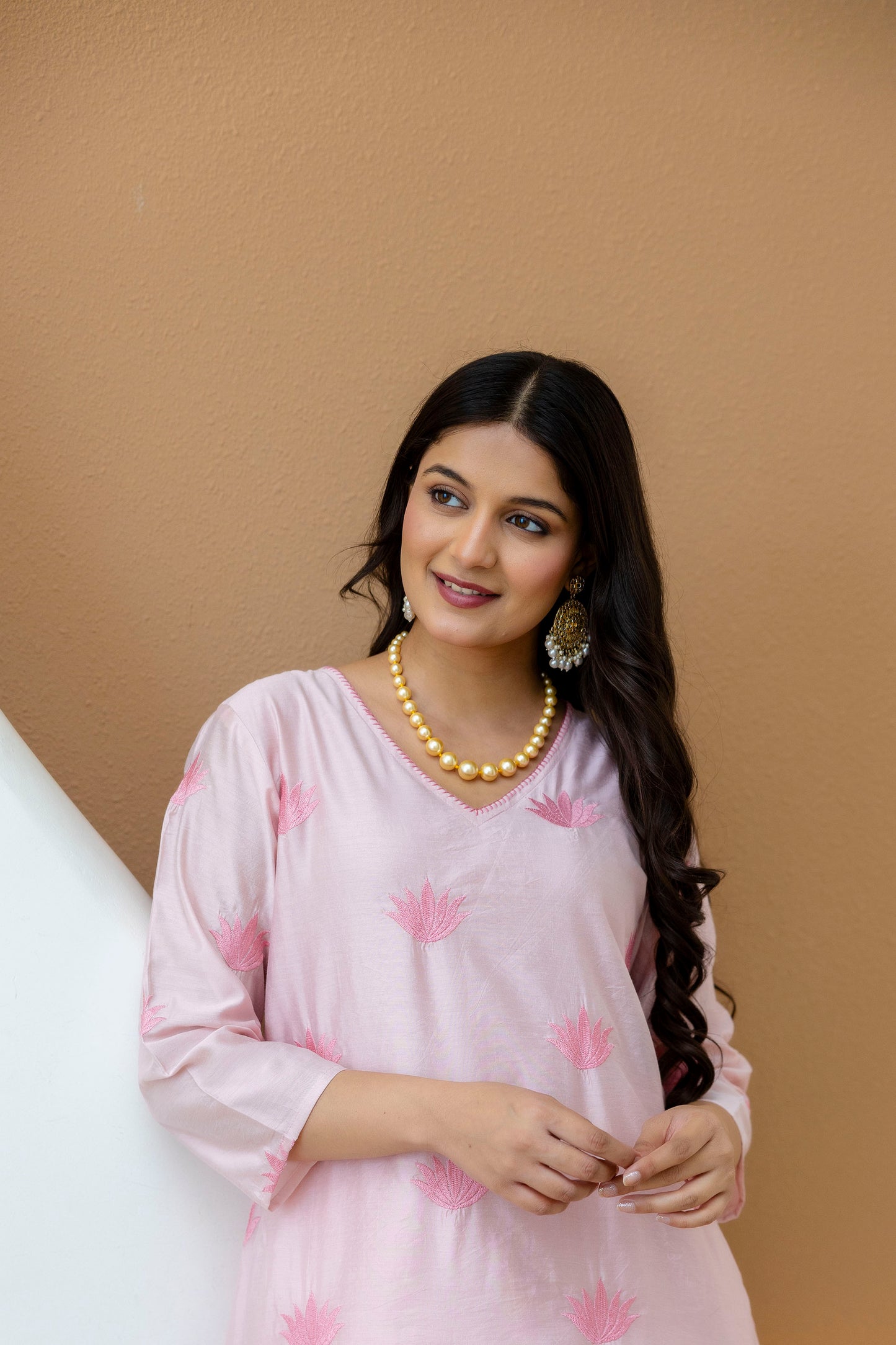 Pink Embroidered Chanderi Kurta Pant Set