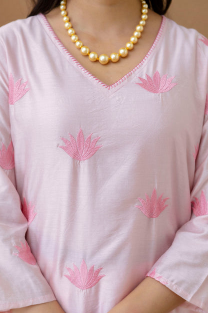 Pink Embroidered Chanderi Kurta Pant Set