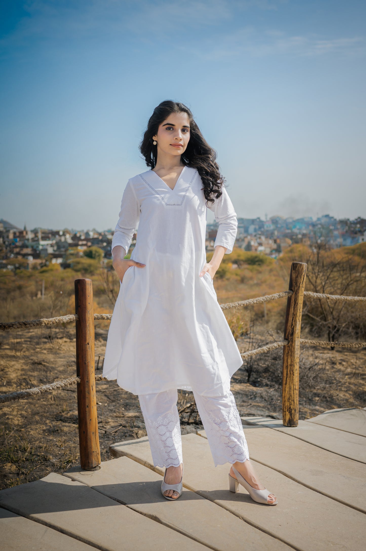 White cotton flex Asymmetric A - Kurta