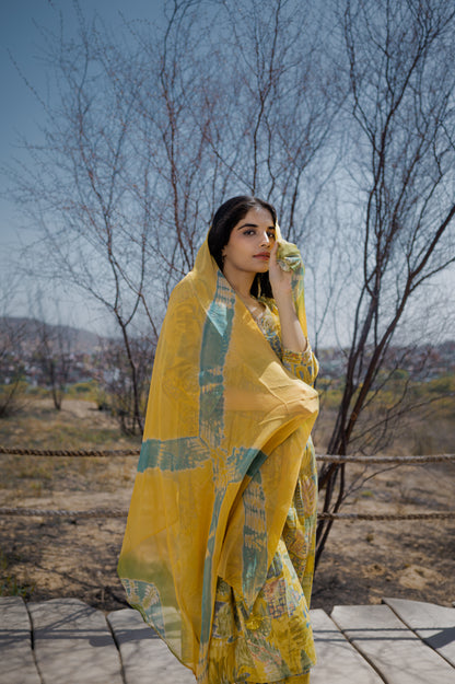 Earthy Green Abstract Print Kurta Pant With Dupatta