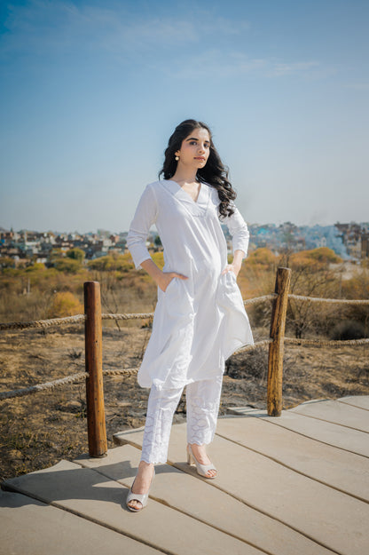 White cotton flex Asymmetric A - Kurta