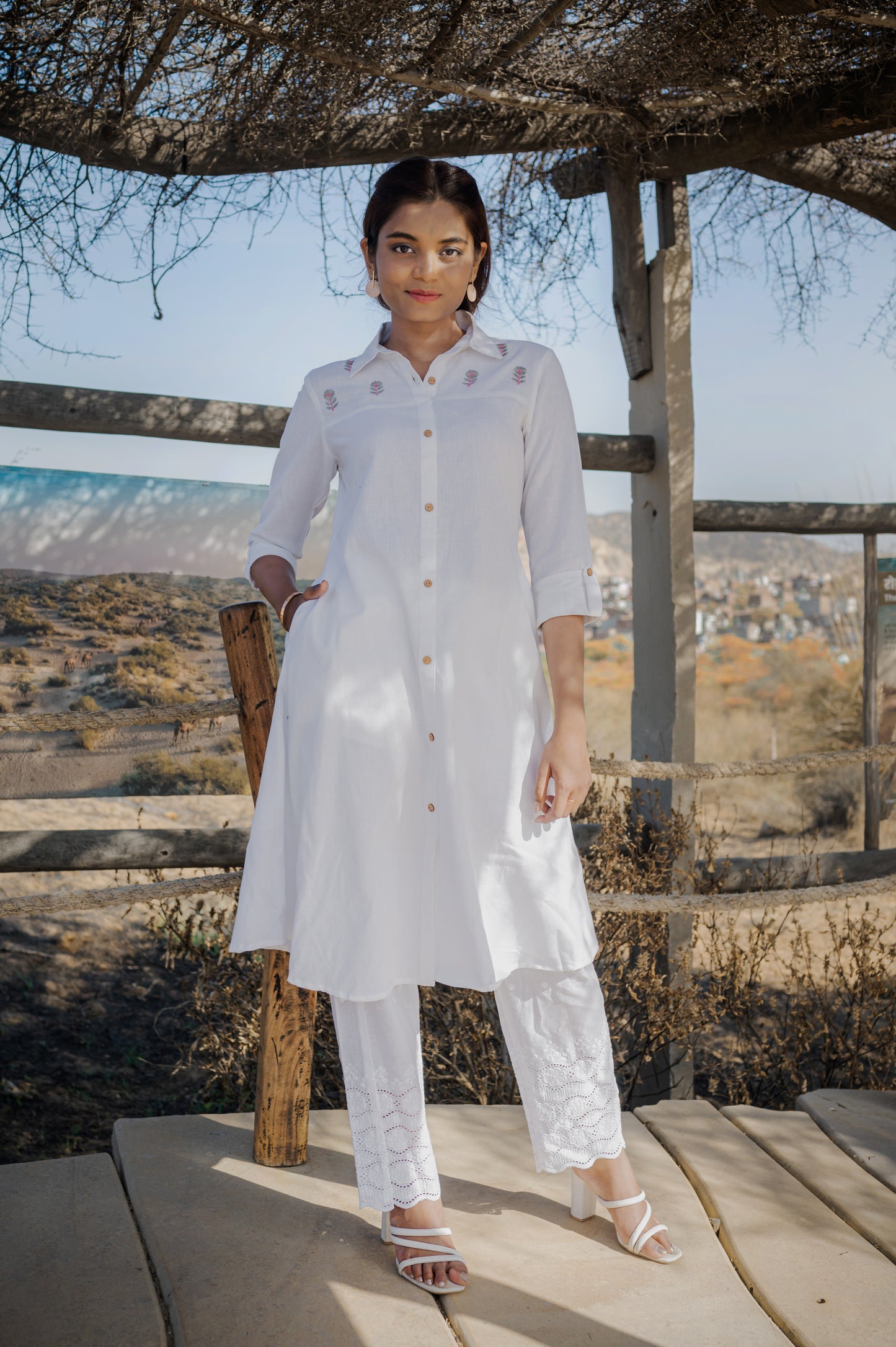 White embroidred cotton flex A - line kurta