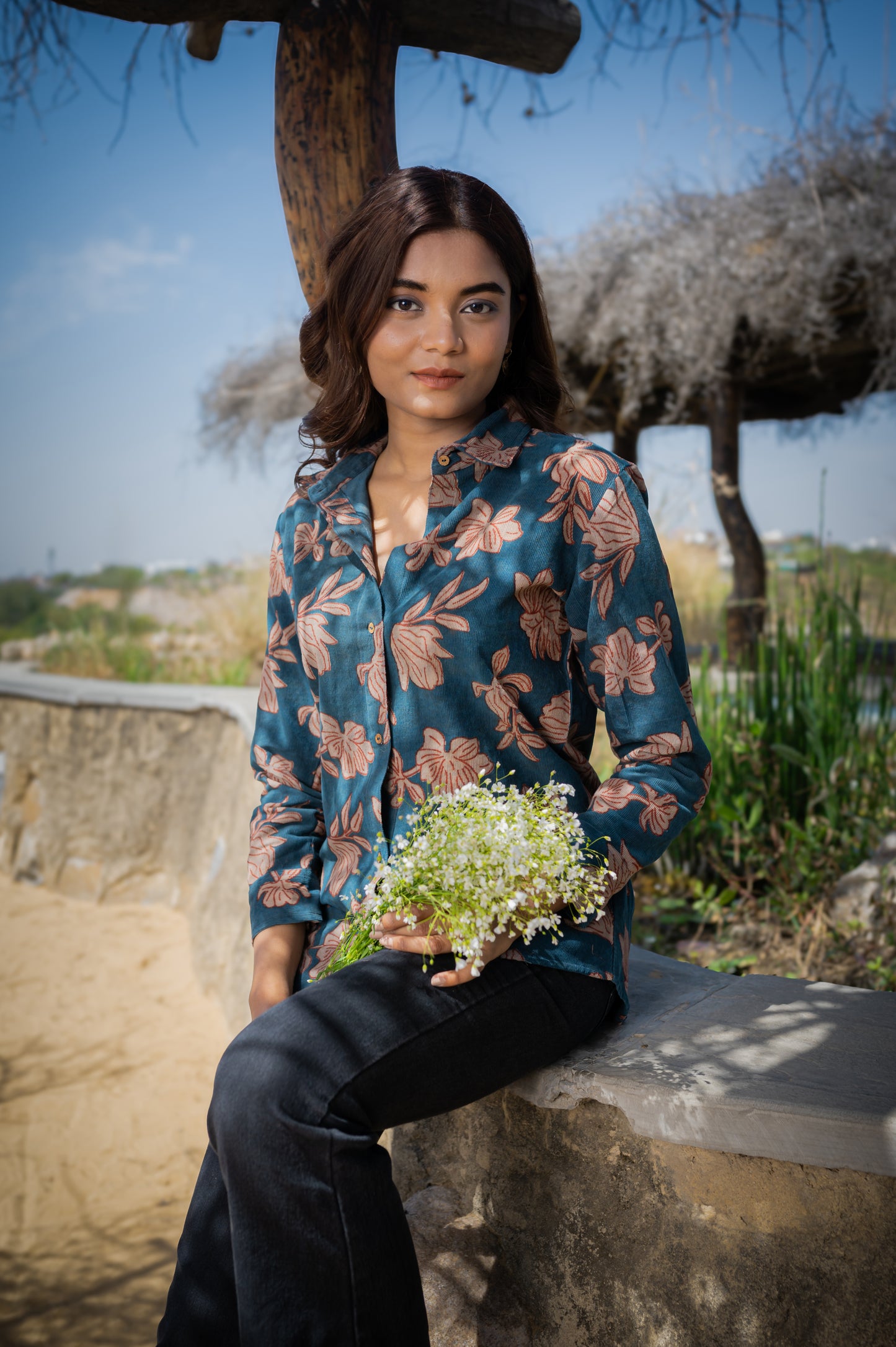 Kalaa Floral Blue Corduroy Shirt