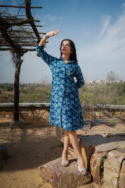 Kalaa Hand-block Indigo Midi Dress