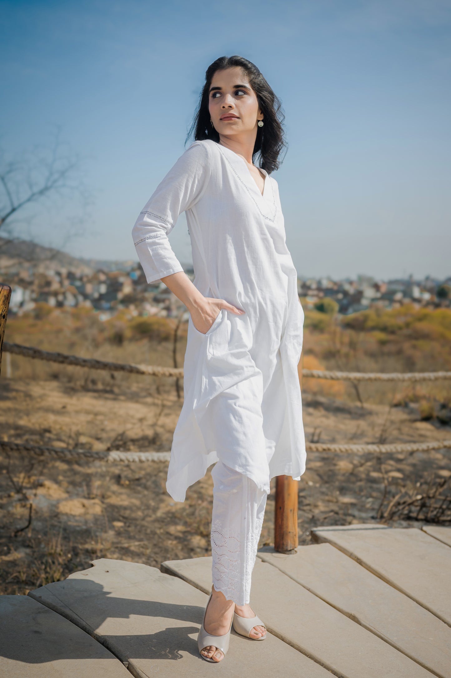 White cotton flex Asymmetric A - Kurta