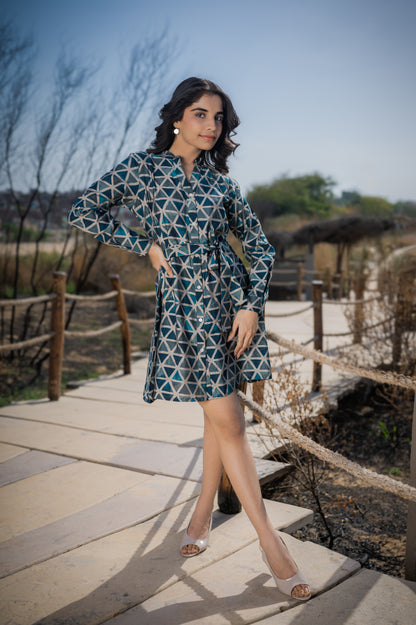 Blue Dress With Long Sleeves and belt