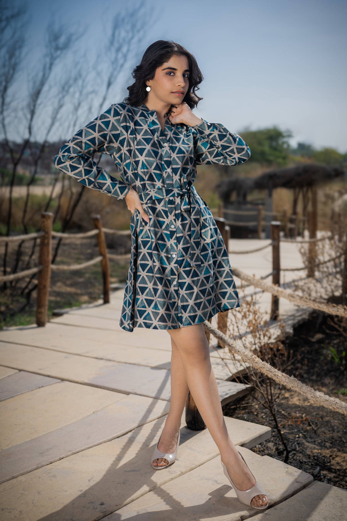 Blue Dress With Long Sleeves and belt