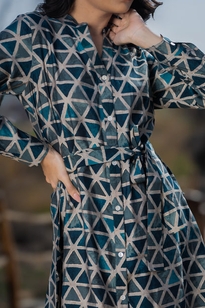 Blue Dress With Long Sleeves and belt