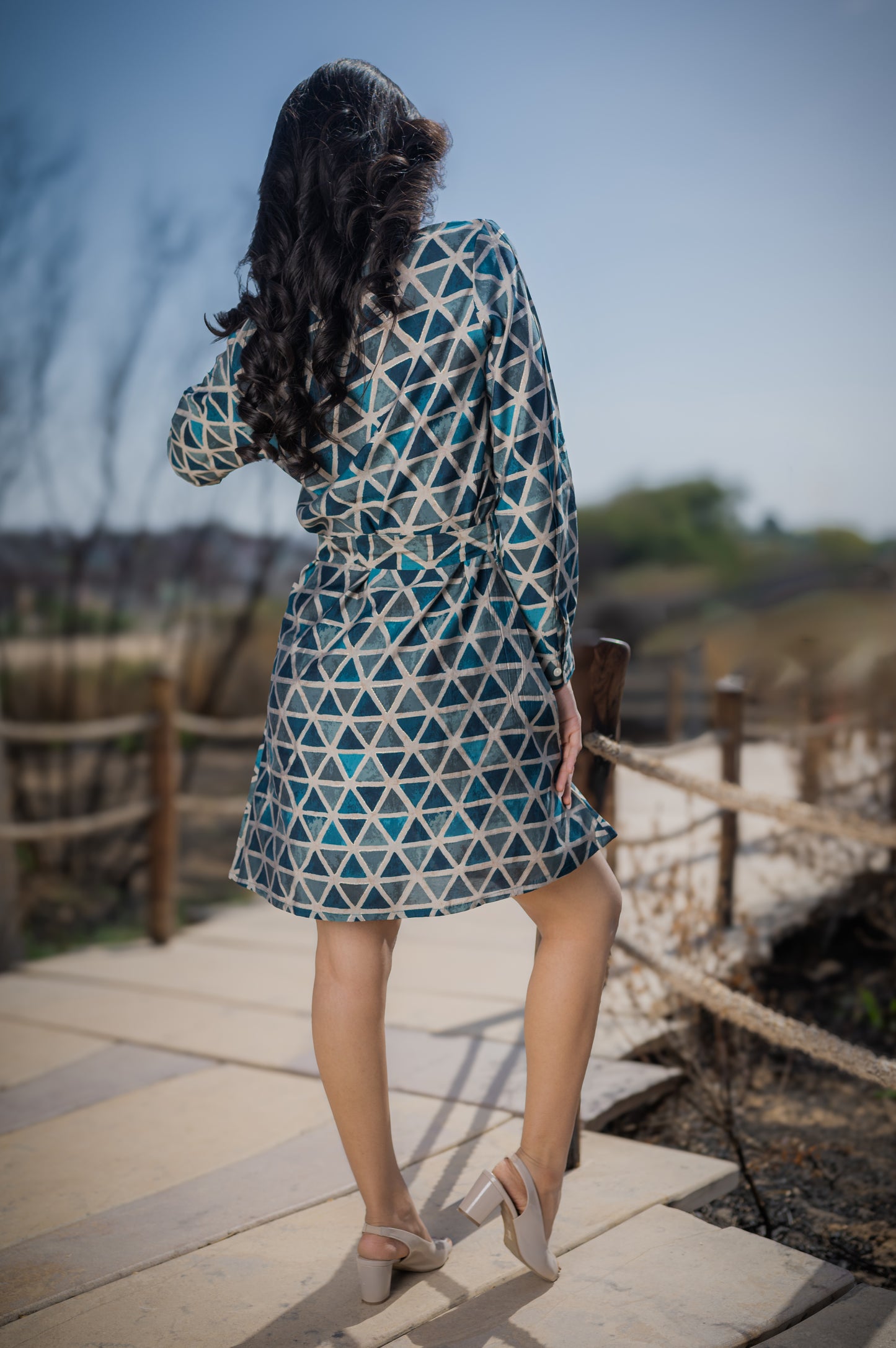 Blue Dress With Long Sleeves and belt