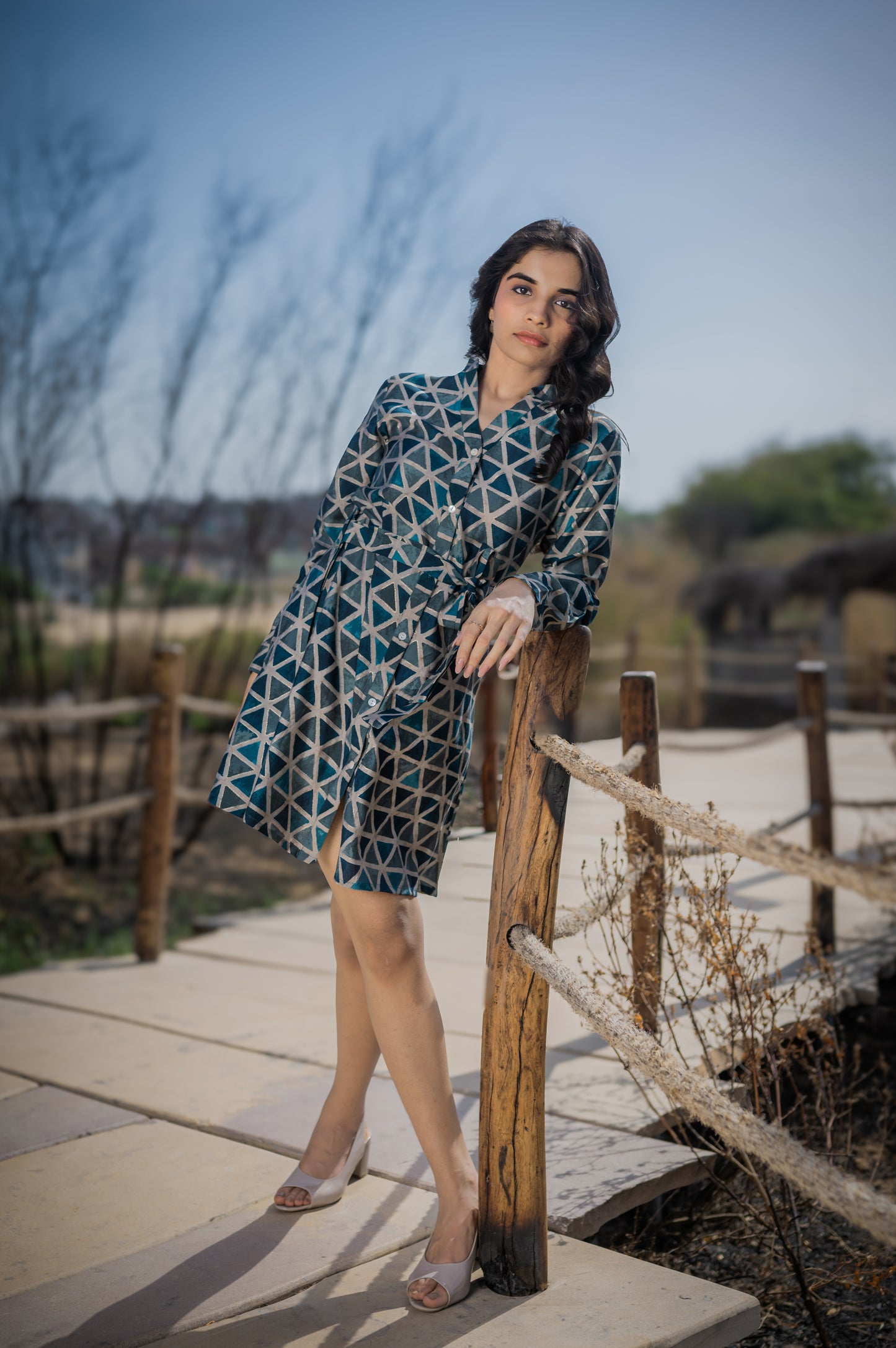 Blue Dress With Long Sleeves and belt