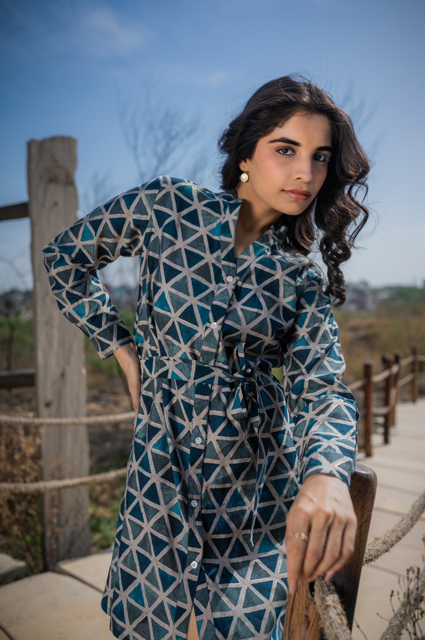 Blue Dress With Long Sleeves and belt