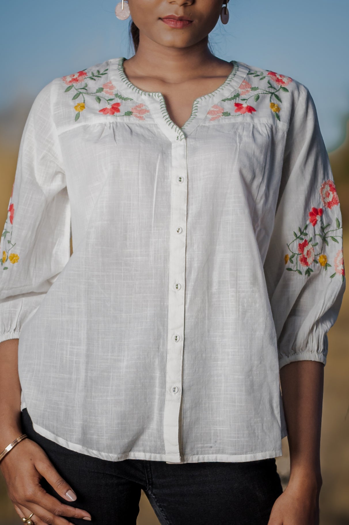 White embroidered  cotton short top