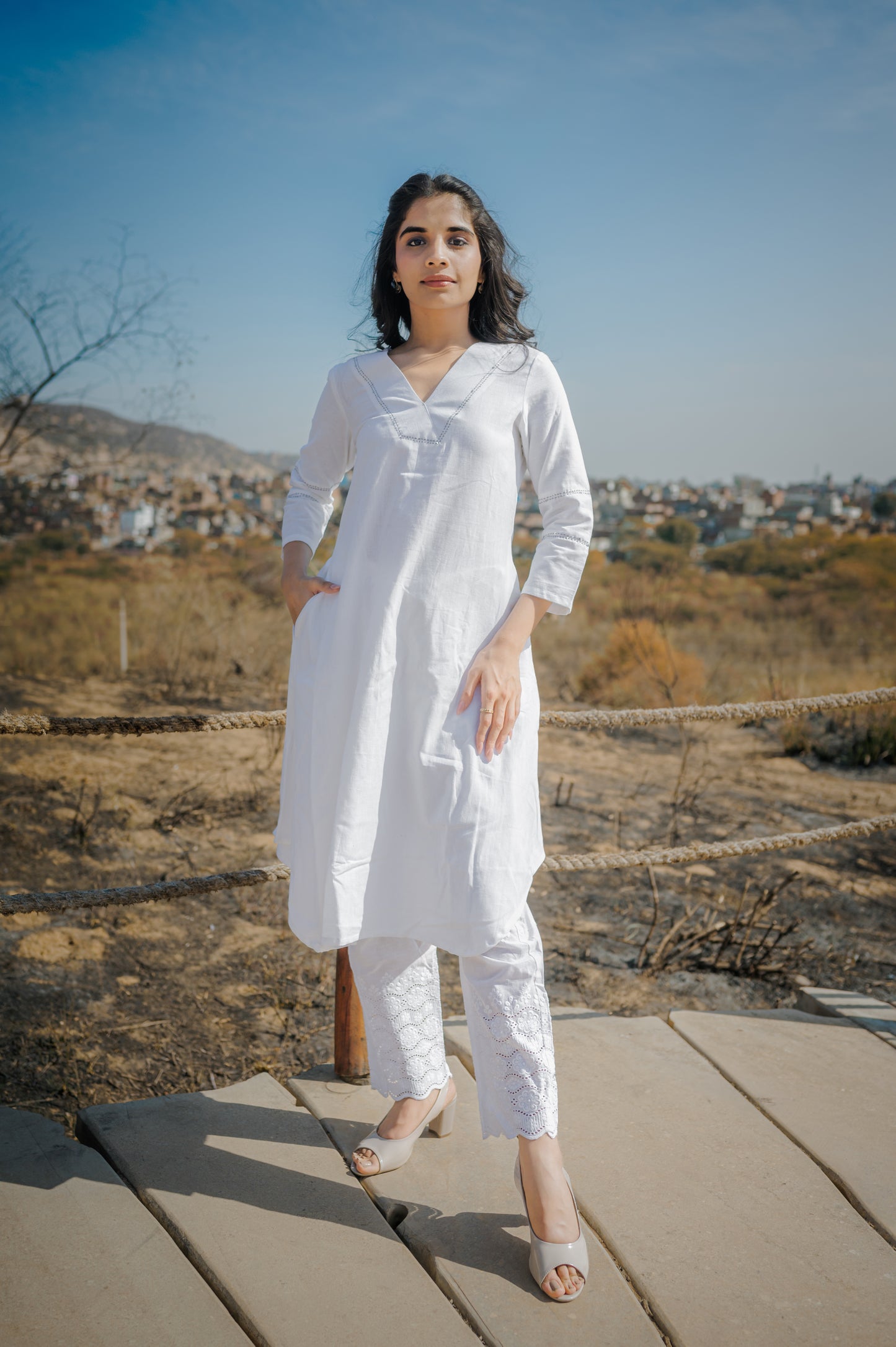 White cotton flex Asymmetric A - Kurta