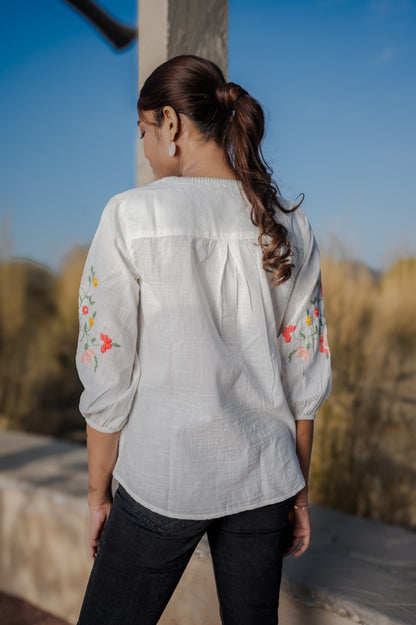 White embroidered  cotton short top