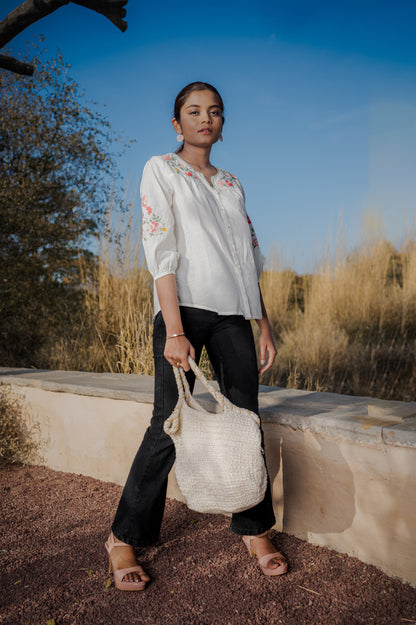 White embroidered  cotton short top