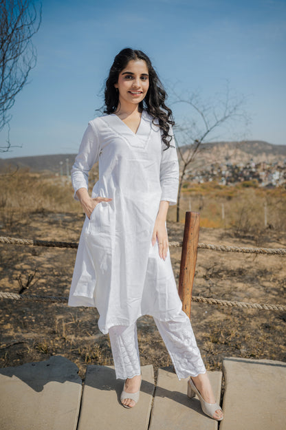 White cotton flex Asymmetric A - Kurta