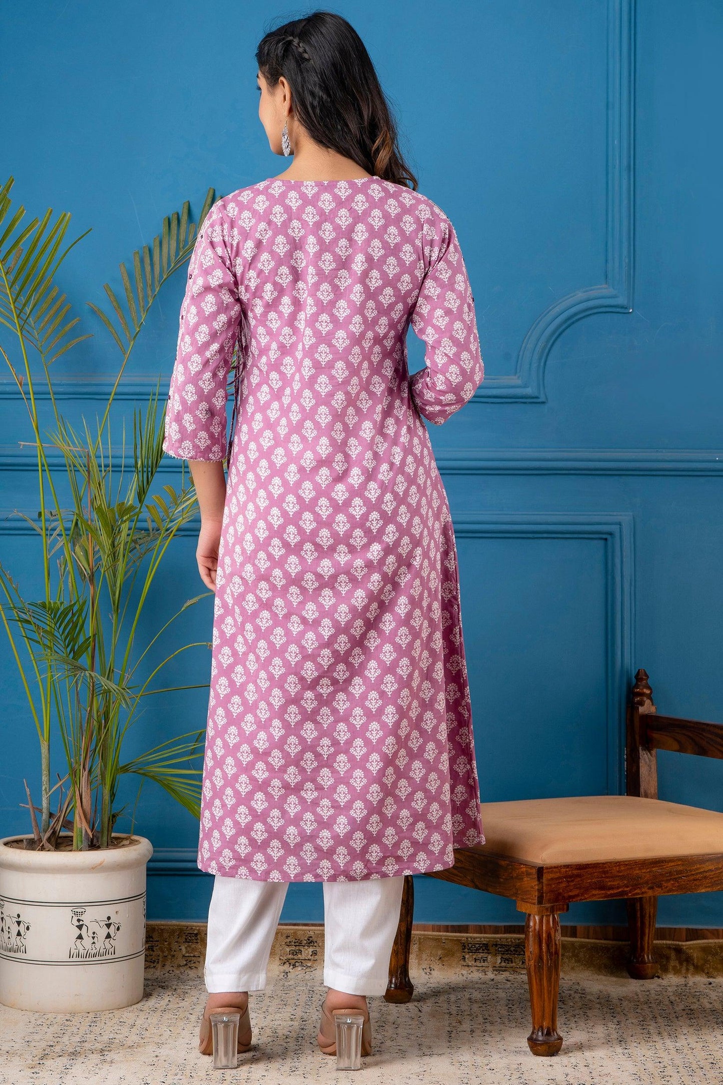 Lavender Colour Angarkha A-line Kurta with Bejiya and Mirror Work