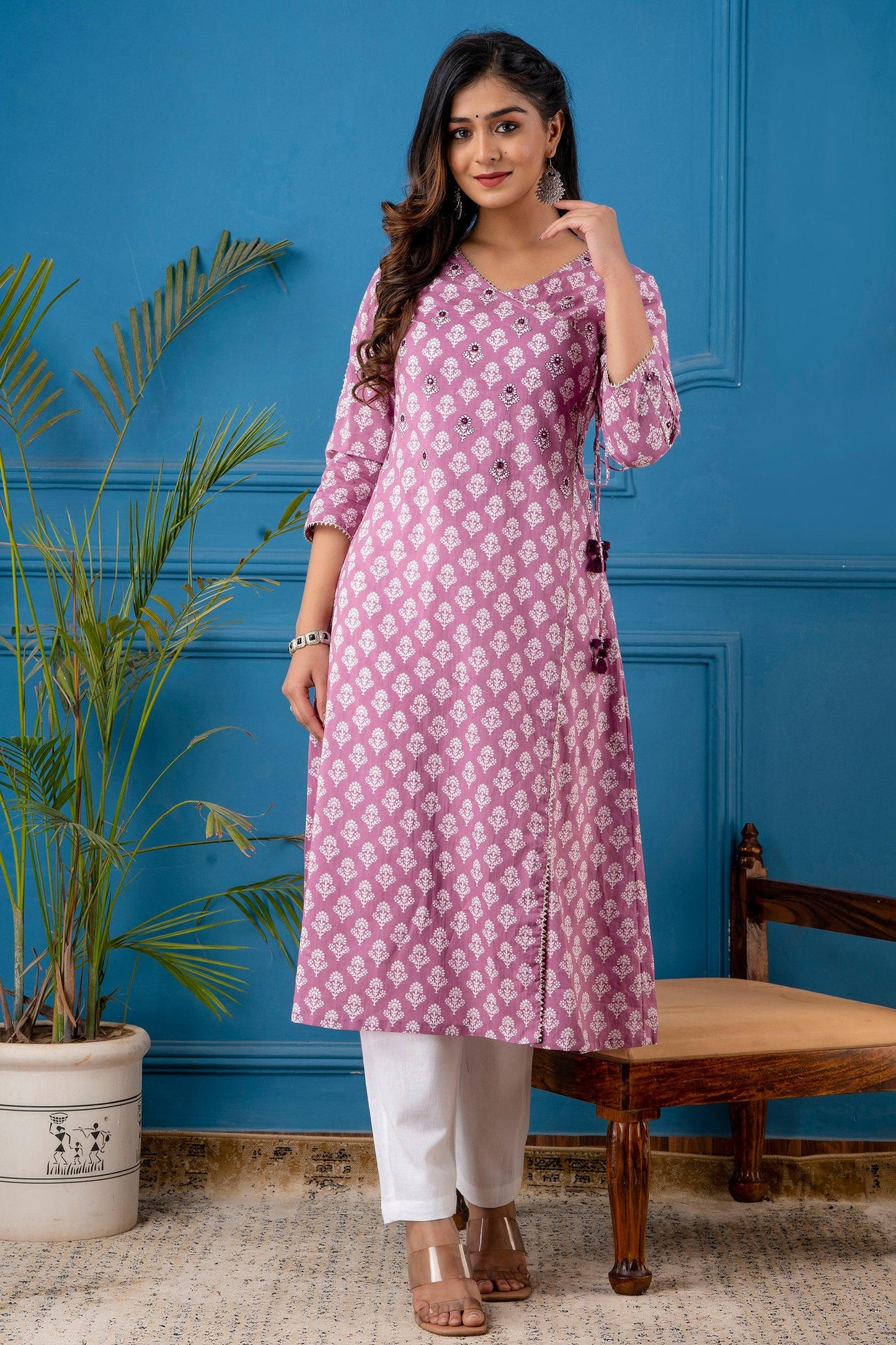 Lavender Colour Angarkha A-line Kurta with Bejiya and Mirror Work