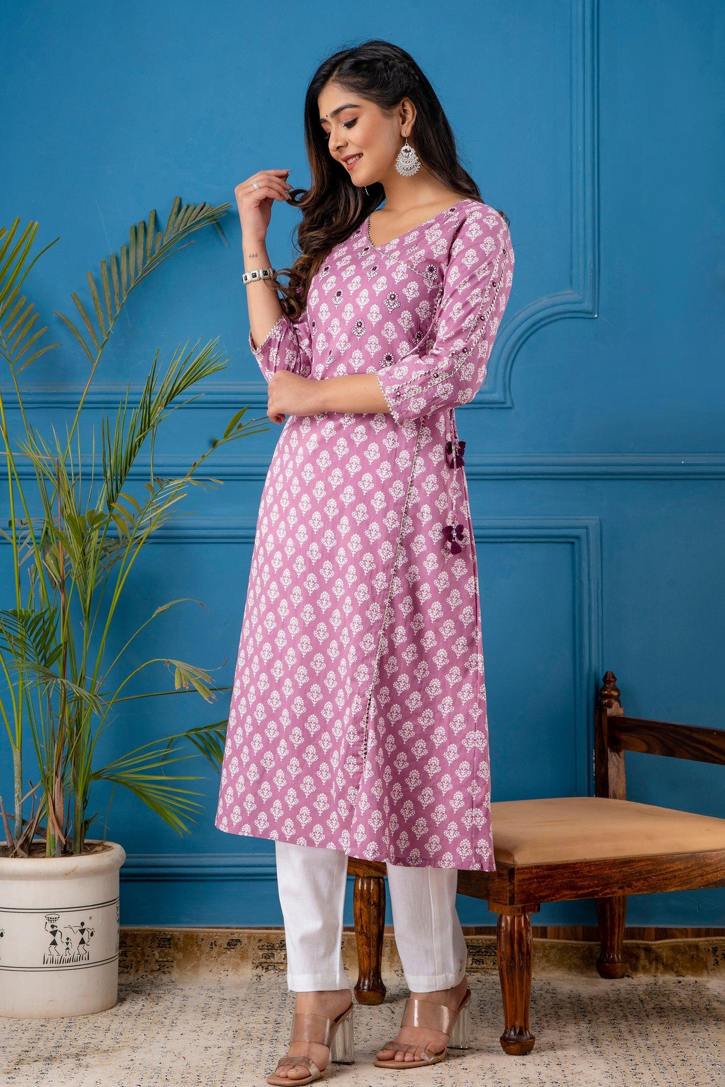 Lavender Colour Angarkha A-line Kurta with Bejiya and Mirror Work