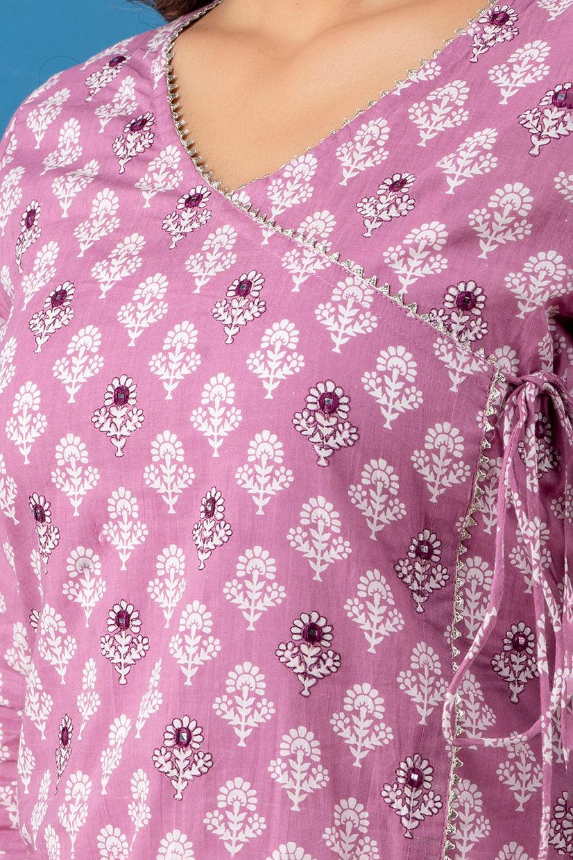 Lavender Colour Angarkha A-line Kurta with Bejiya and Mirror Work