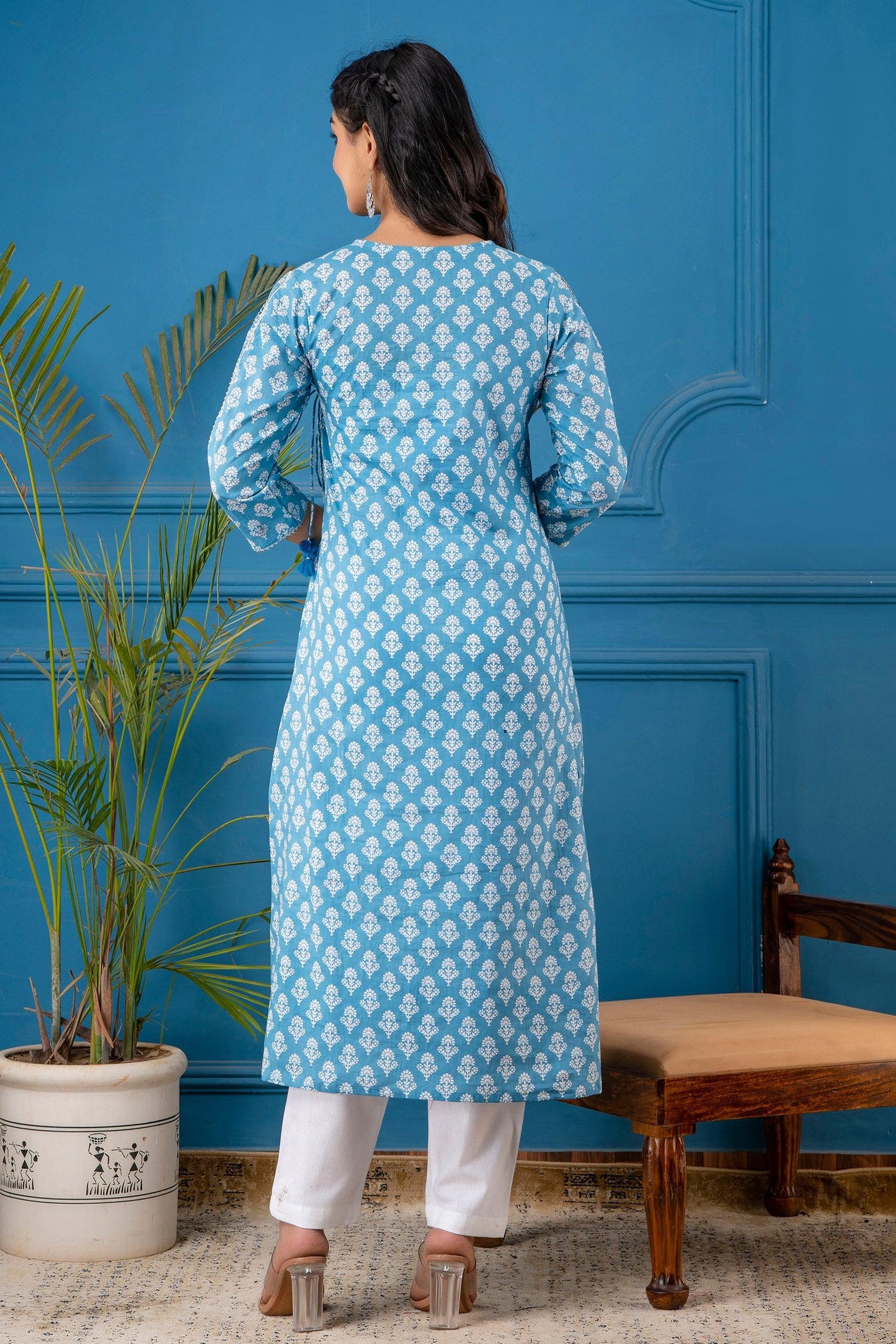 Blue Angarkha A-line Kurta with Bejiya and Mirror Work