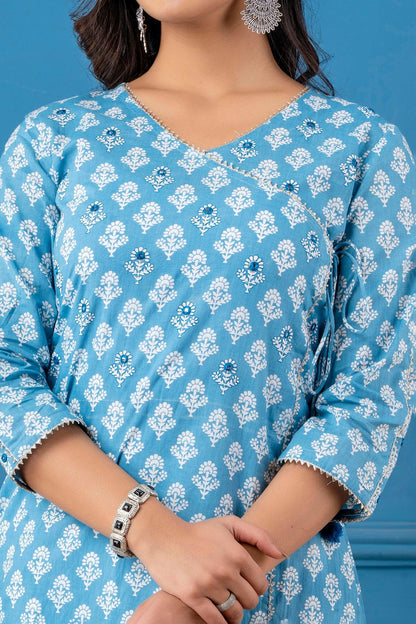 Blue Angarkha A-line Kurta with Bejiya and Mirror Work