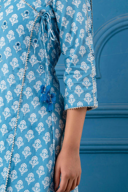 Blue Angarkha A-line Kurta with Bejiya and Mirror Work